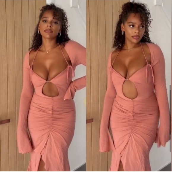 HOUSE OF CB 'Reine' Rose Real Silk Ruffle Midi Dress - Picture 6 of 13